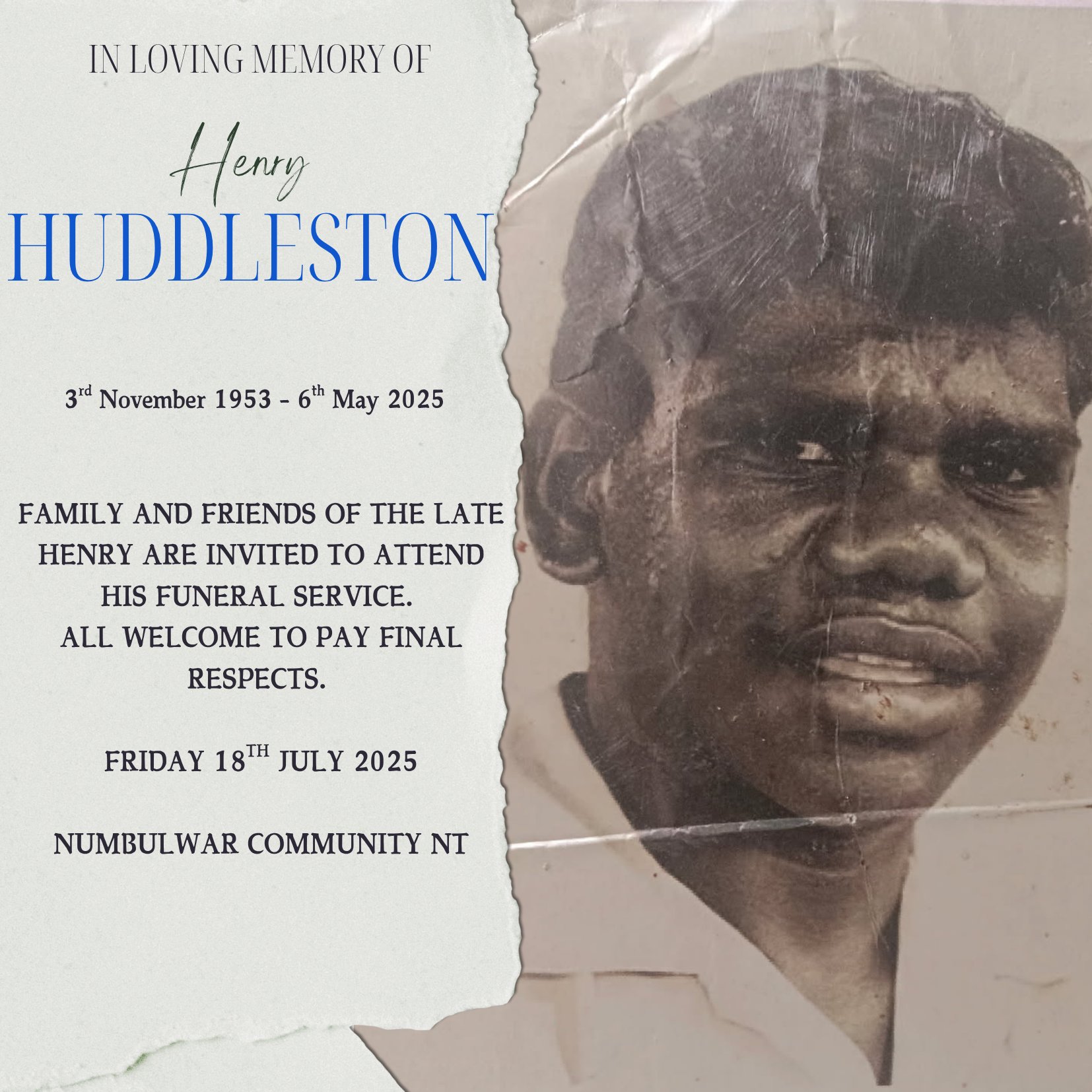 Henry Huddleston Funeral Notice Photo
