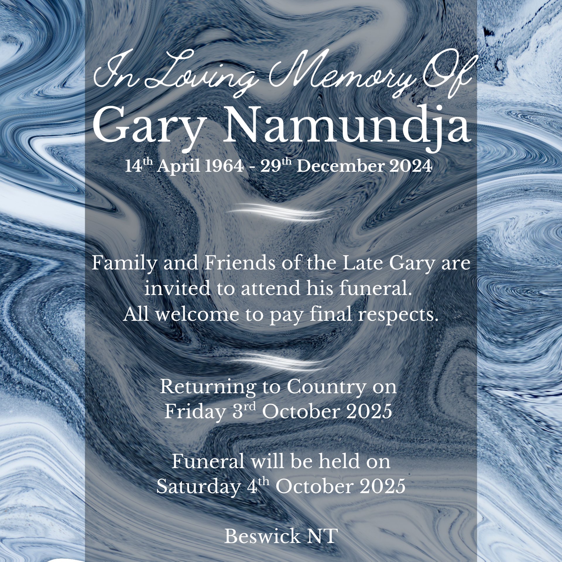 Gary Namundja Funeral Notice Photo