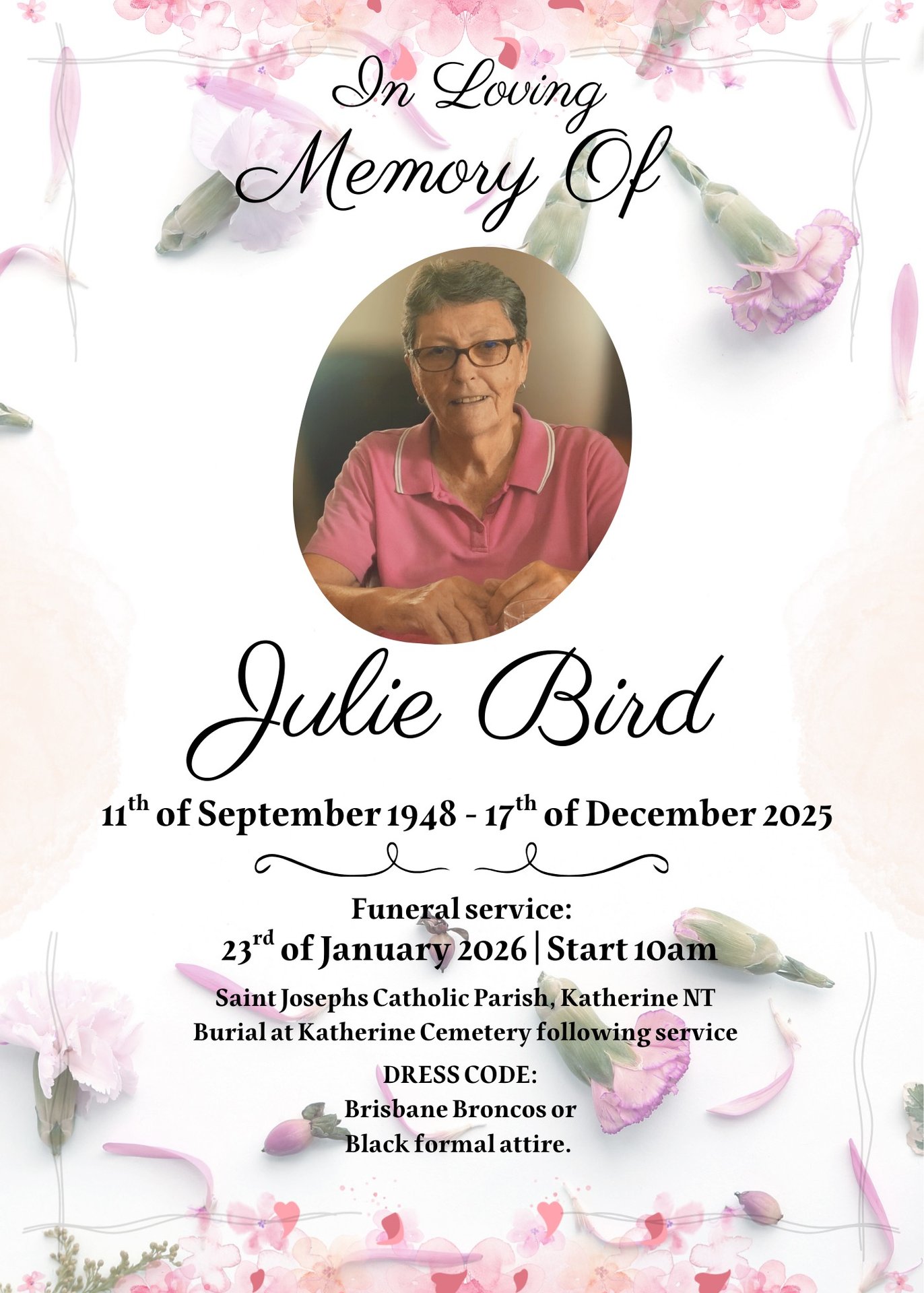 Julie Bird Funeral Notice Photo