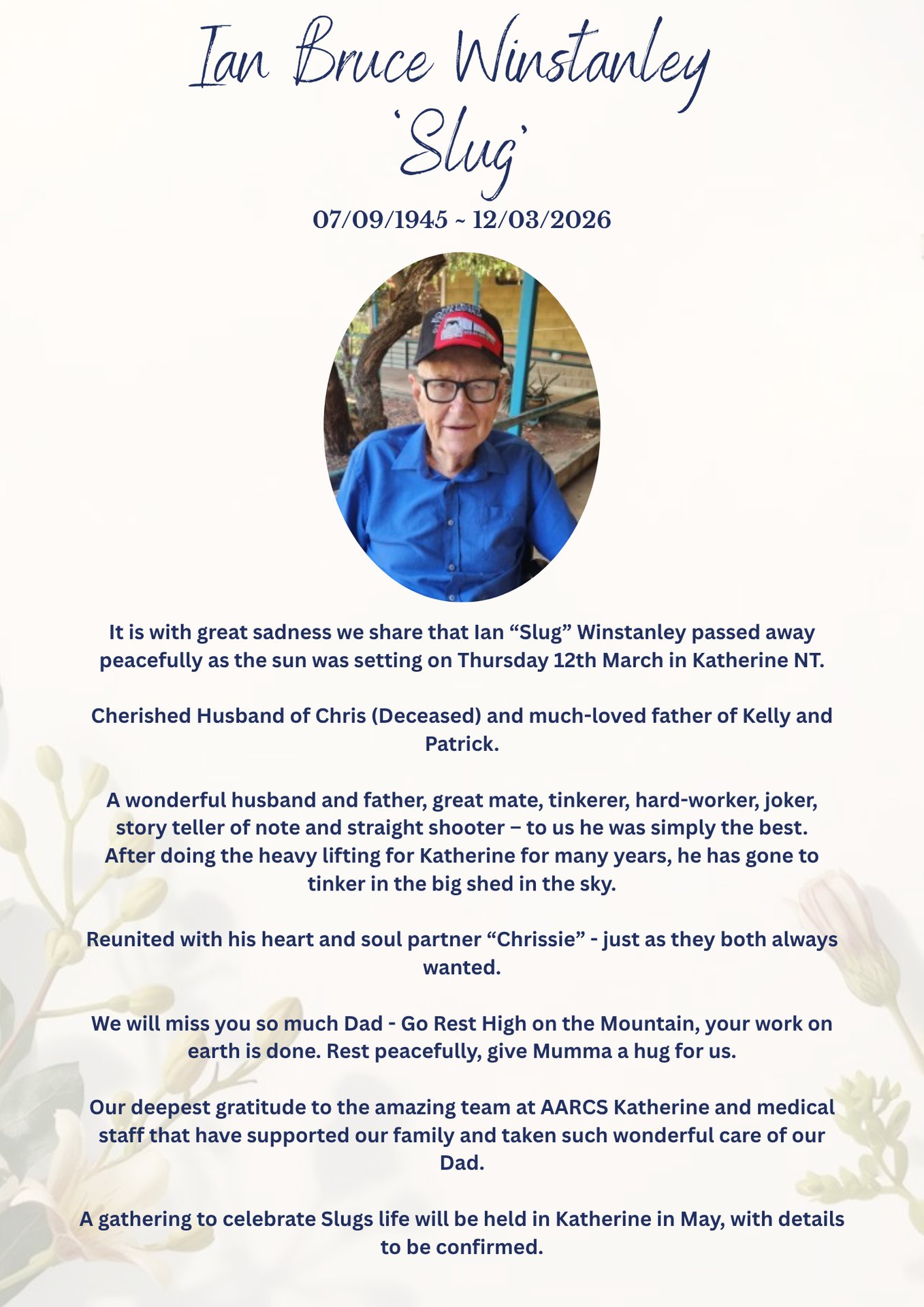 Ian Bruce Winstanley 'Slug' Funeral Notice Photo