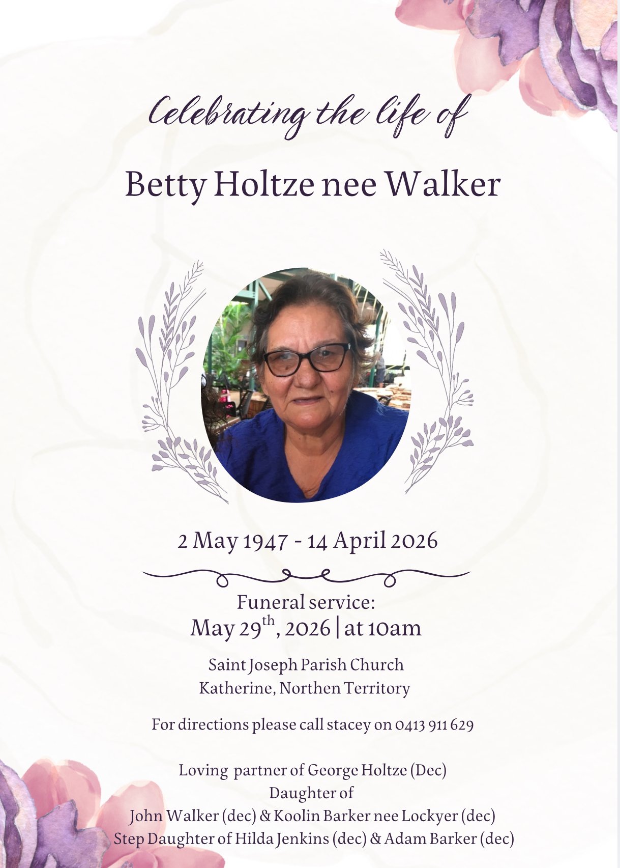 Betty Holtze nee Walker Funeral Notice Photo