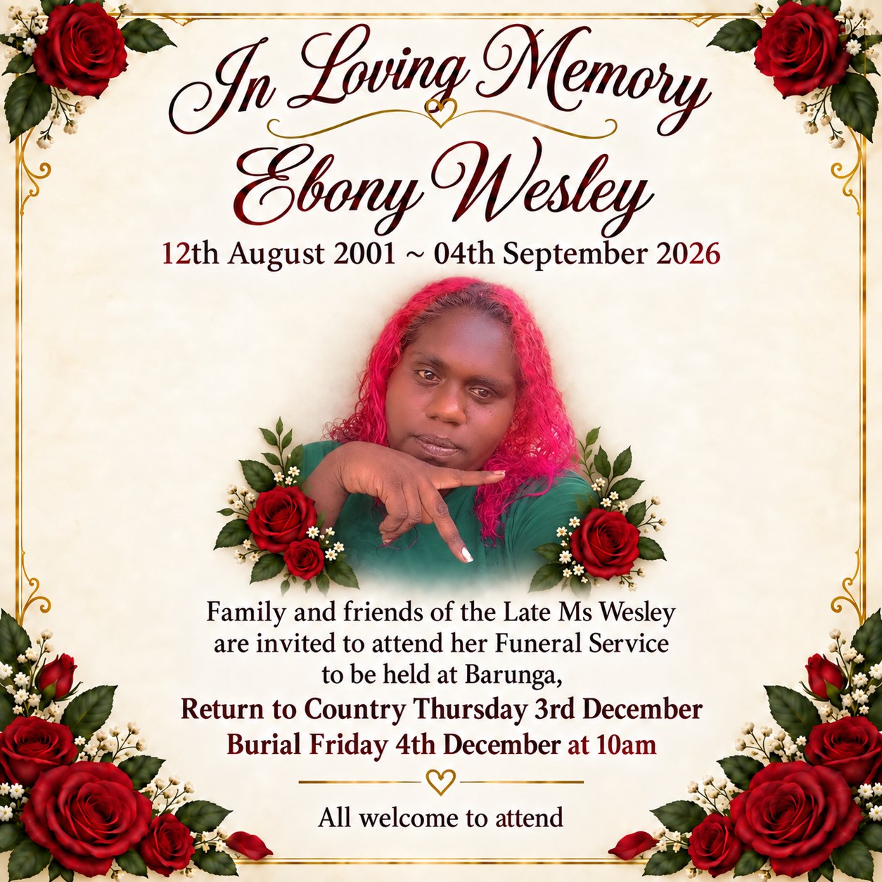 Ebony Wesley Funeral Notice Photo