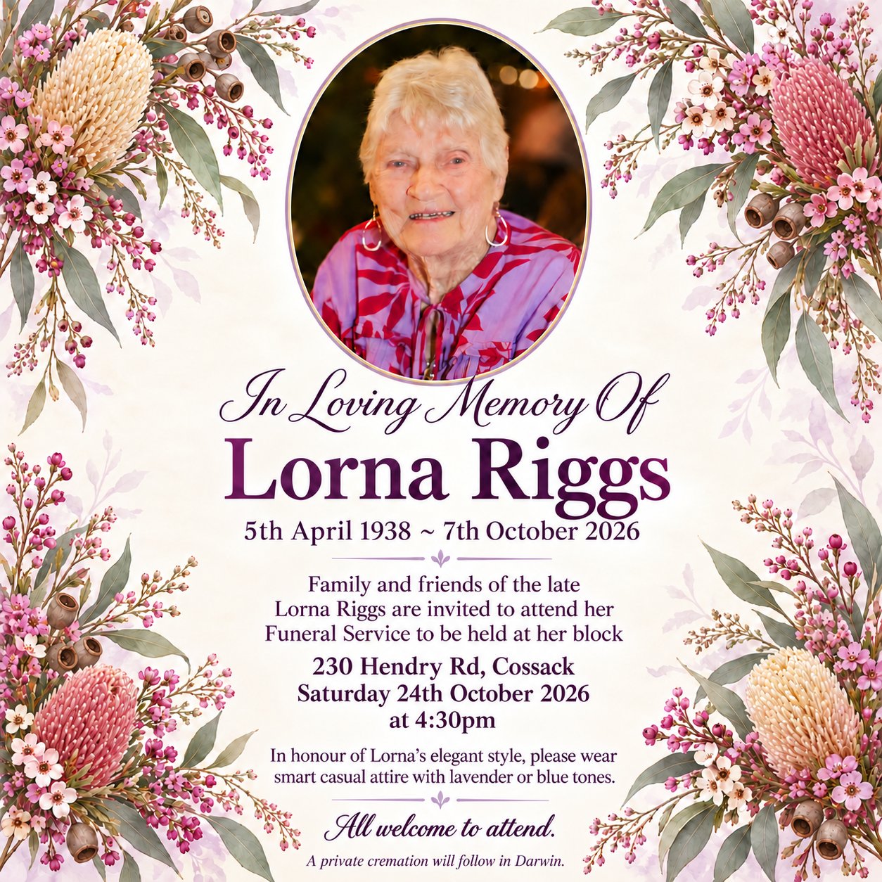 Lorna Riggs Funeral Notice Photo